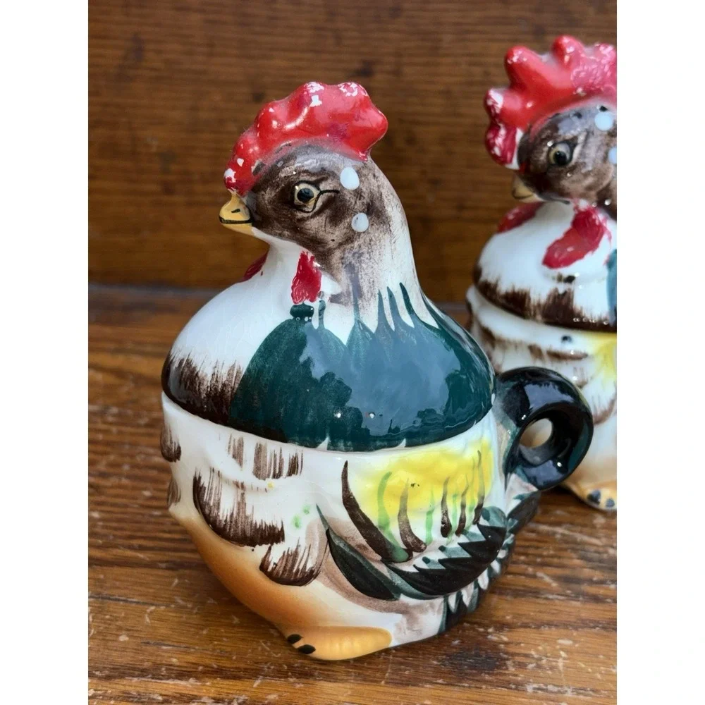 Rooster & Hen Chicken Salt Pepper/Sugar Creamer Folk Art Farmhouse  Japan